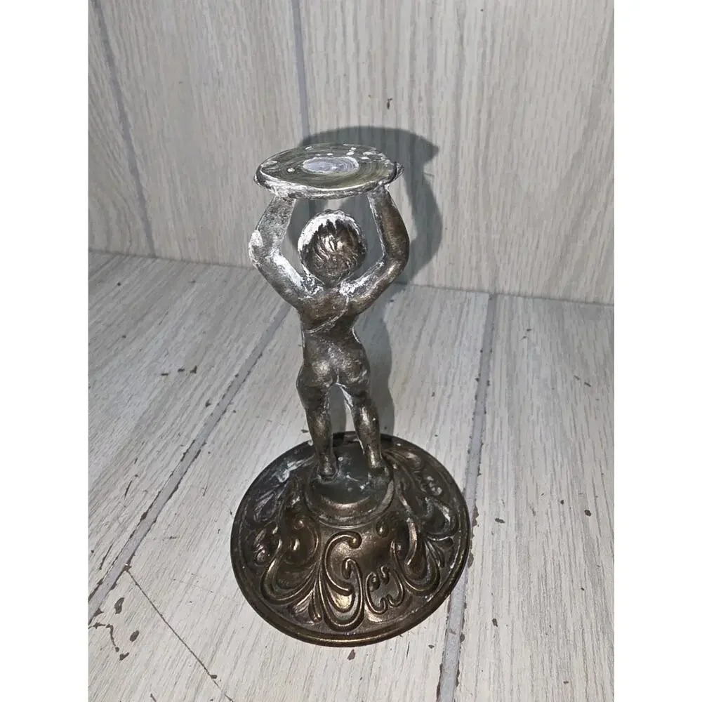 Antique Solid Cast Brass Cherub Boy Child Candlestick Holder Patina 5
